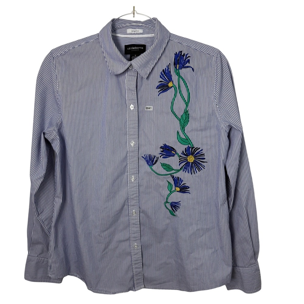 Liz Claiborne Career Blue White Striped Floral Embroidered Button Down Shirt M